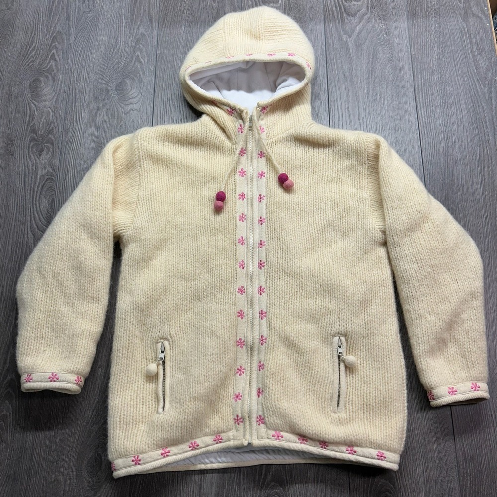 Laundromat Vintage Wool Hoodie Jacket Large Cream Pink Floral Embroidered Lined